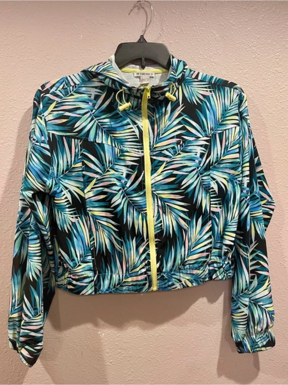 Forever 21 Black & Blue Tropical Print Hooded Bomber Jacket & Pants